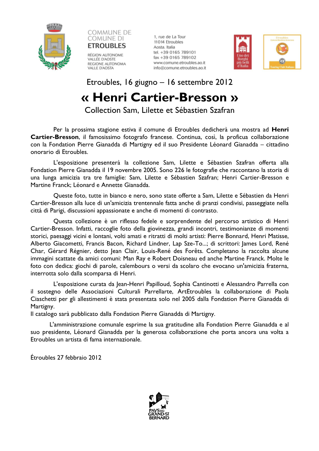 « Henri Cartier-Bresson » Collection Sam, Lilette Et Sébastien Szafran