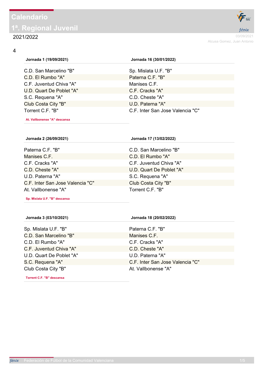 1ª. Regional Juvenil Calendario