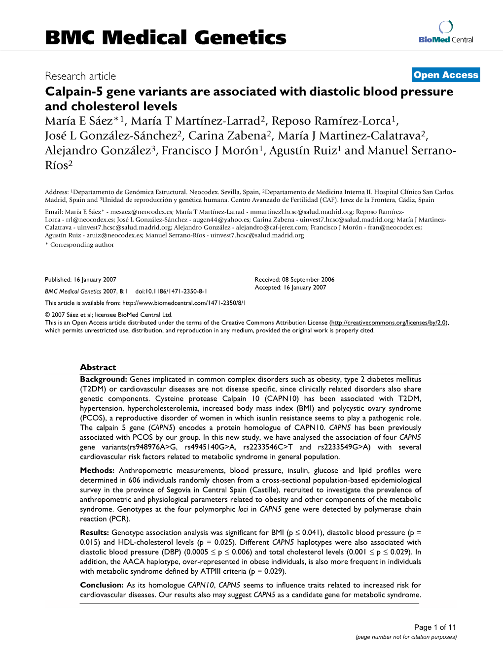 Calpain-5 Gene Variants Are Associated with Diastolic Blood Pressure and Cholesterol Levels