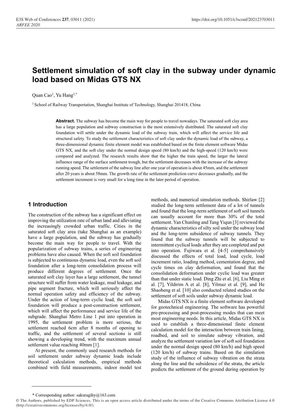 Settlement Simulation of Soft Clay in the Subway Under Dynamic Load Based on Midas GTS NX