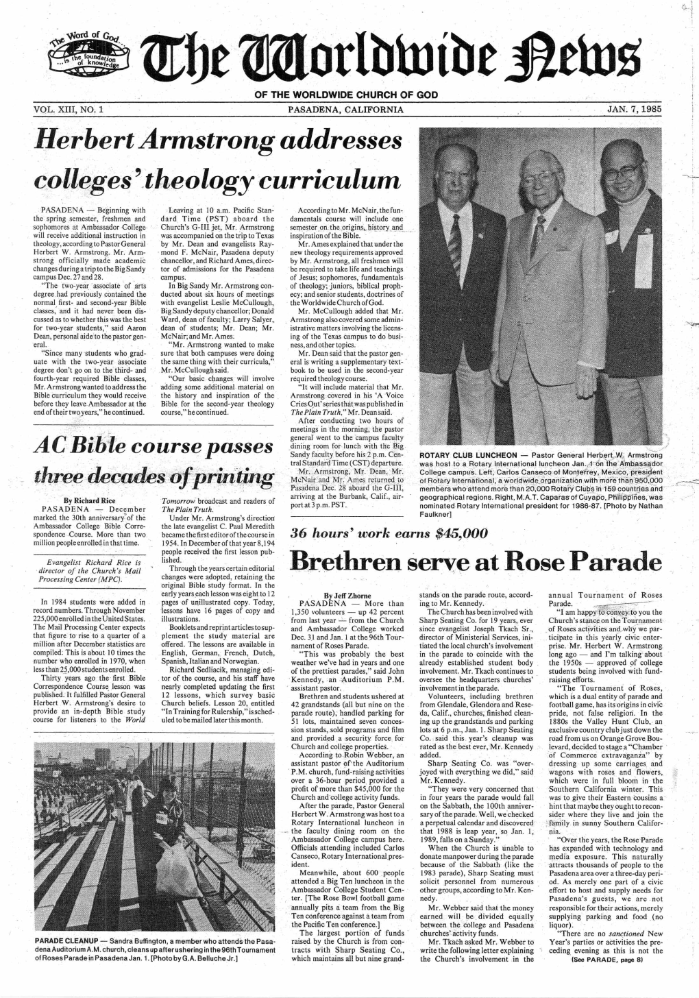 Herbert Armstrong Addresses Colleges '.Theology Curriculum Br.Ethren Serv:E at Rose Parade