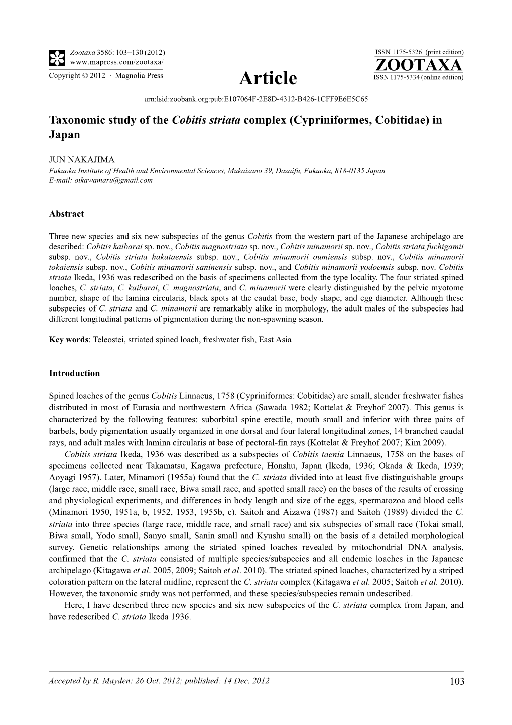 Taxonomic Study of the Cobitis Striata Complex (Cypriniformes, Cobitidae) in Japan