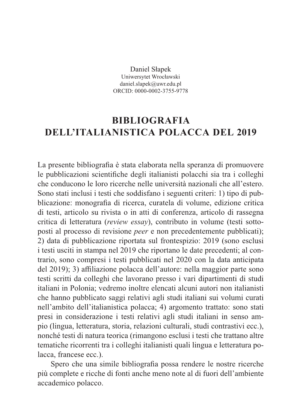 Bibliografia Dell'italianistica Polacca Del 2019