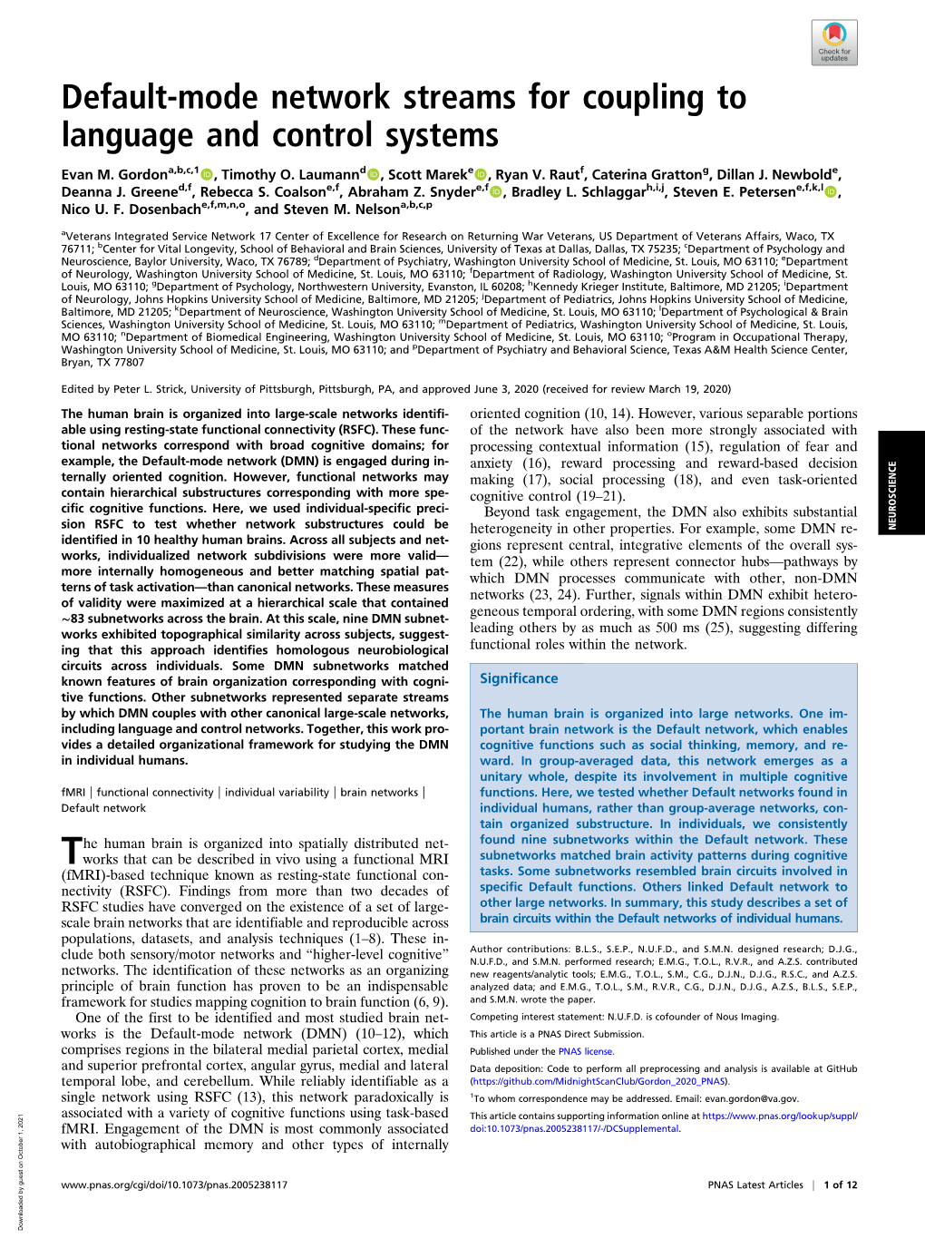 Default-Mode Network Streams for Coupling to Language and Control Systems