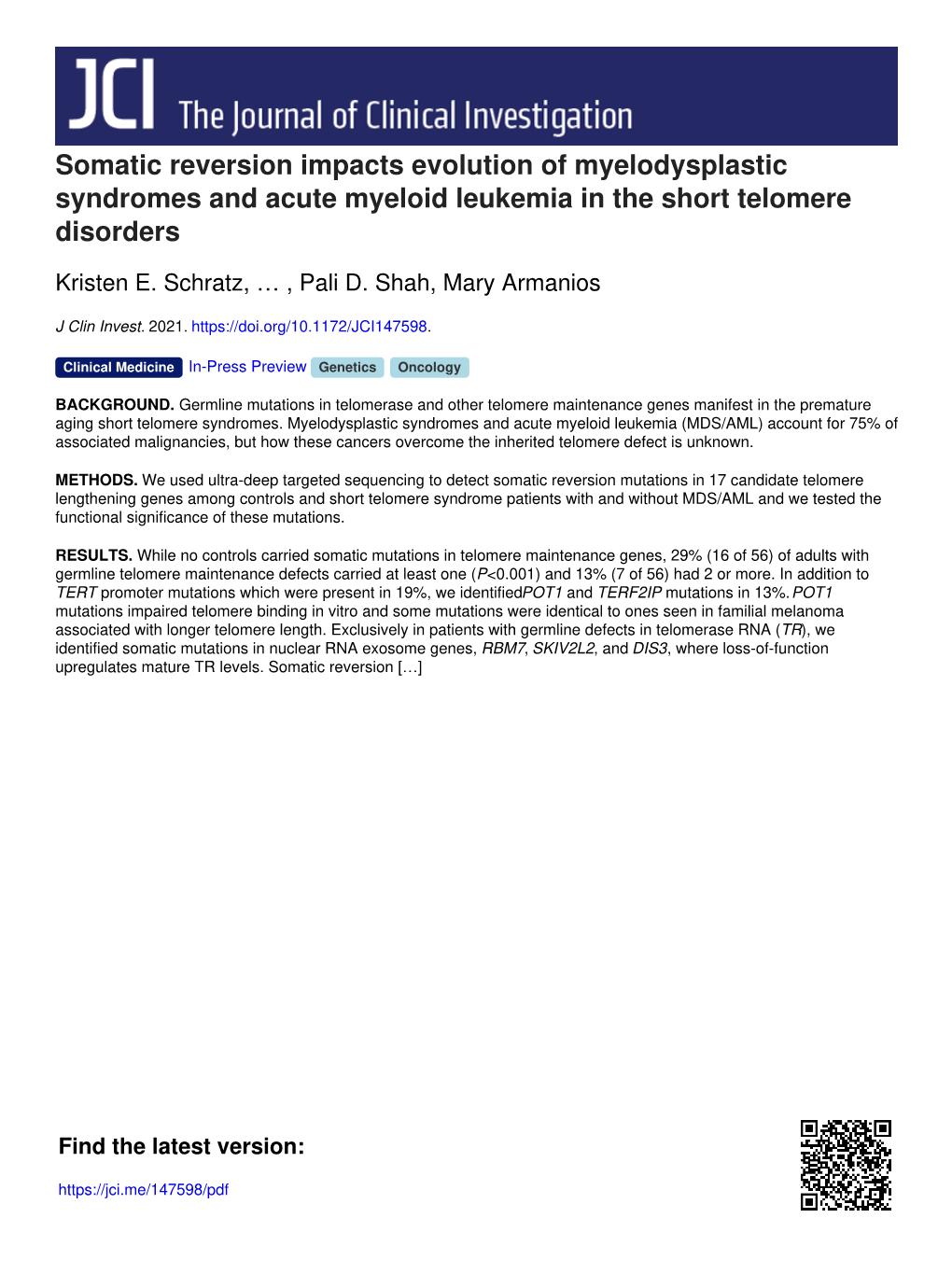 Somatic Reversion Impacts Evolution of Myelodysplastic Syndromes and Acute Myeloid Leukemia in the Short Telomere Disorders