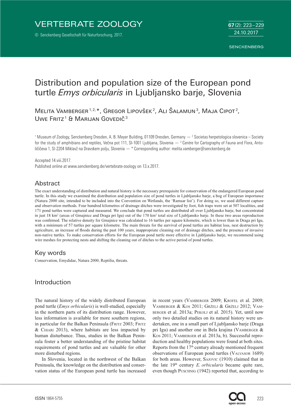 Distribution and Population Size of the European Pond Turtle Emys Orbicularis in Ljubljansko Barje, Slovenia