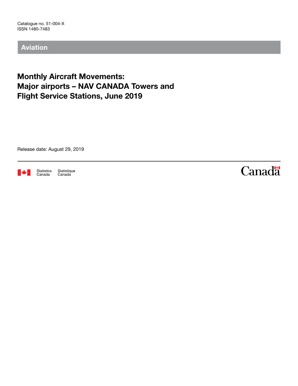 Monthly Aircraft Movements: Major Airports – NAV CANADA Towers and Flight Service Stations, June 2019