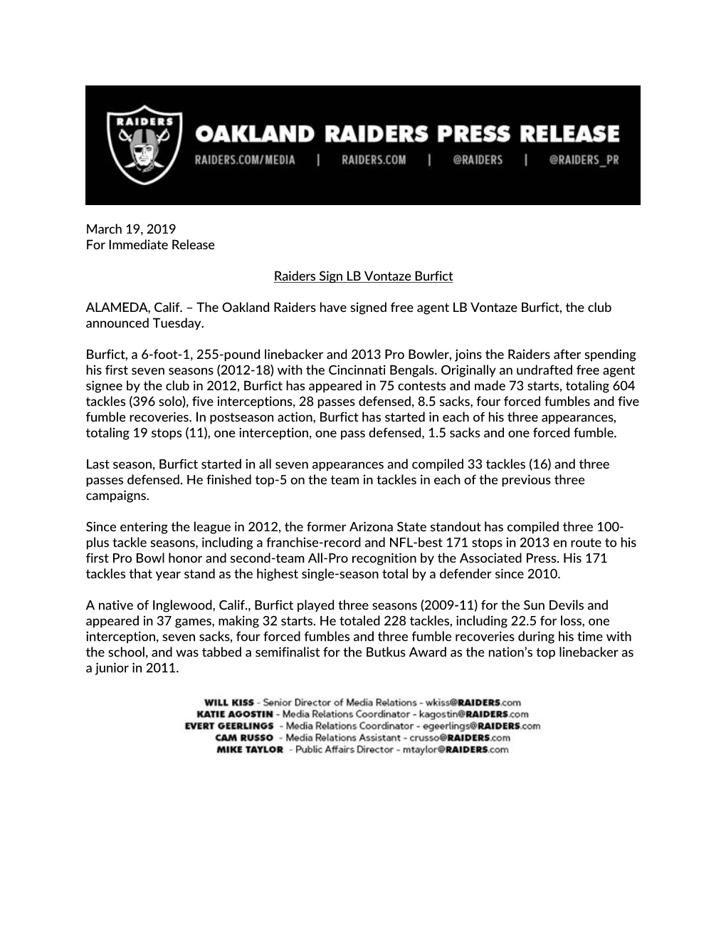 March 19, 2019 for Immediate Release Raiders Sign