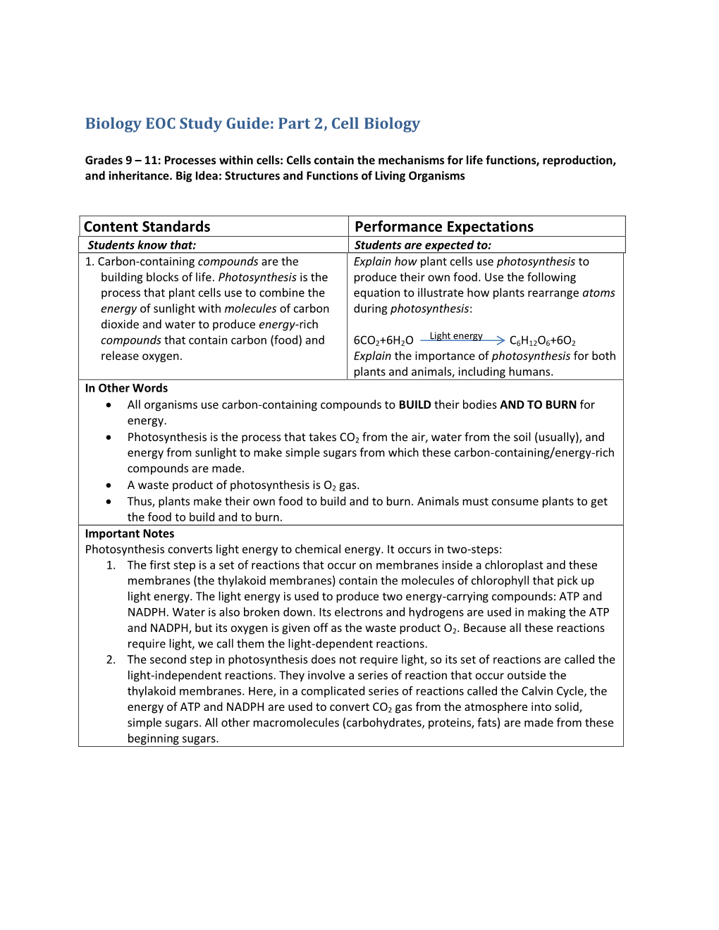 Biology EOC Study Guide: Part 2, Cell Biology