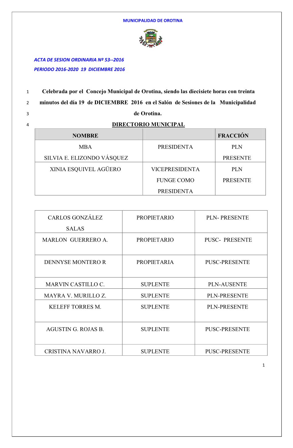 Acta De Sesion Ordinaria Nº 53--2016 Periodo 2016-2020 19 Diciembre 2016