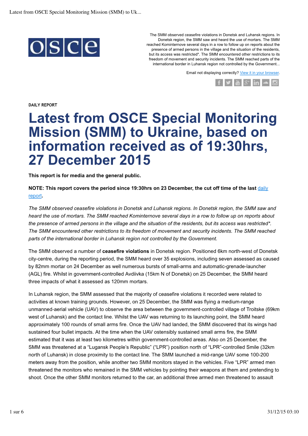 Latest from OSCE Special Monitoring Mission (SMM) to Uk