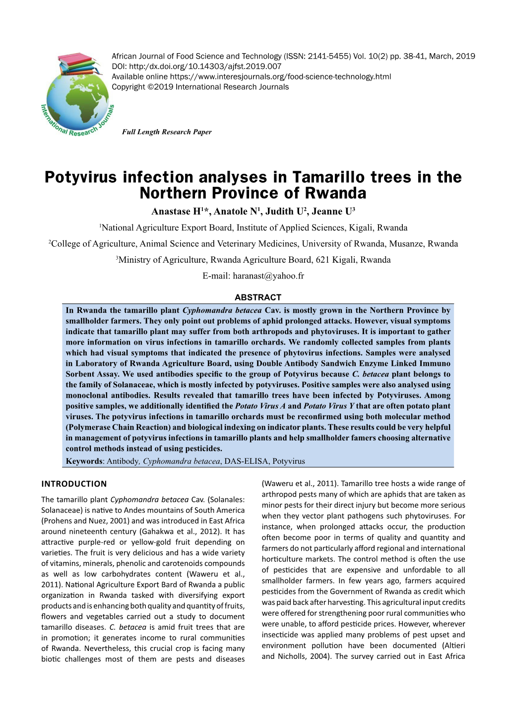 Potyvirus Infection Analyses in Tamarillo Trees in the Northern