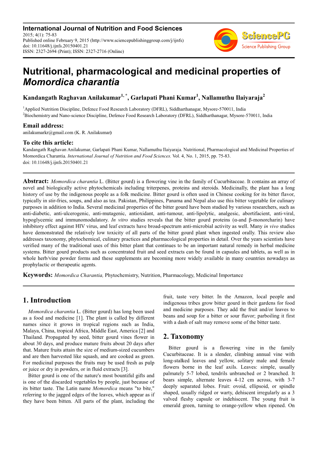 Nutritional, Pharmacological and Medicinal Properties of Momordica Charantia