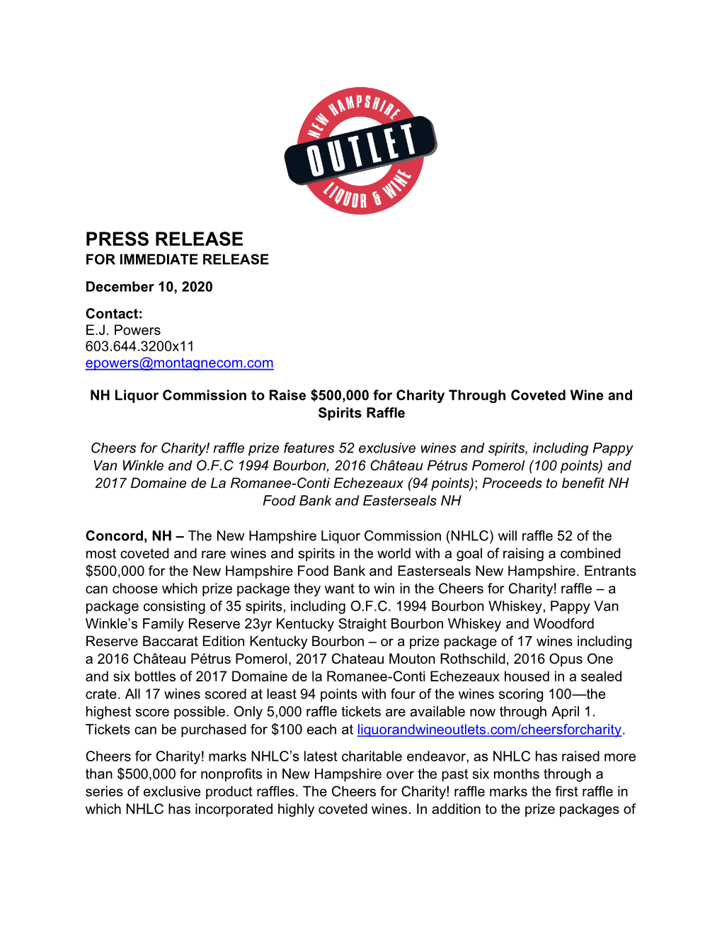 PRESS RELEASE for IMMEDIATE RELEASE December 10, 2020 Contact: E.J