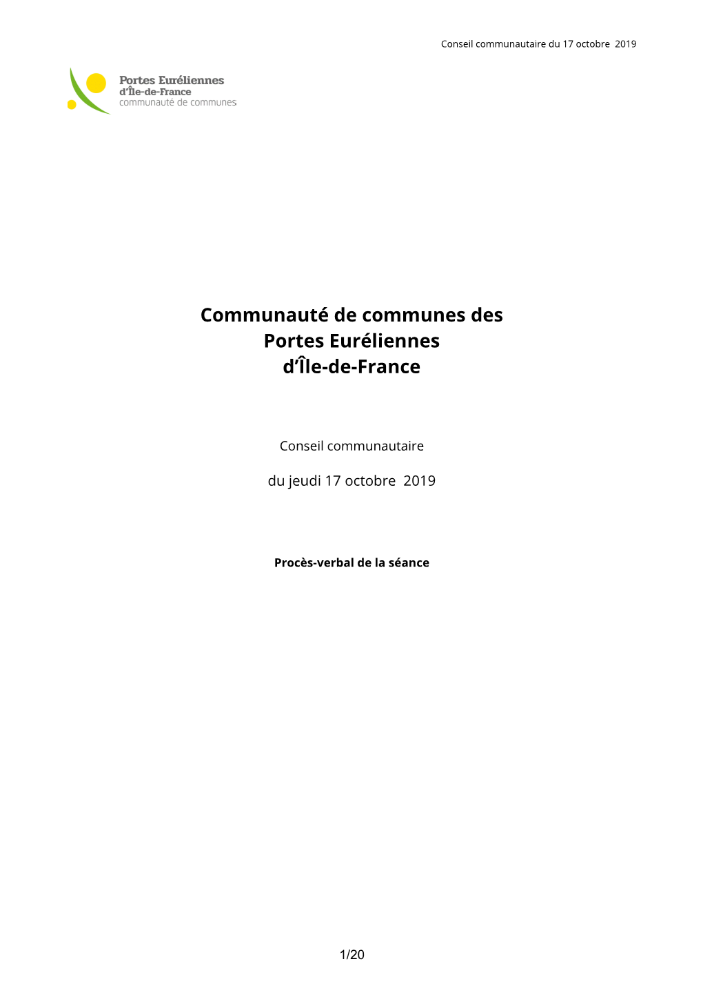 Conseil Communautaire Du 17 Octobre 2019