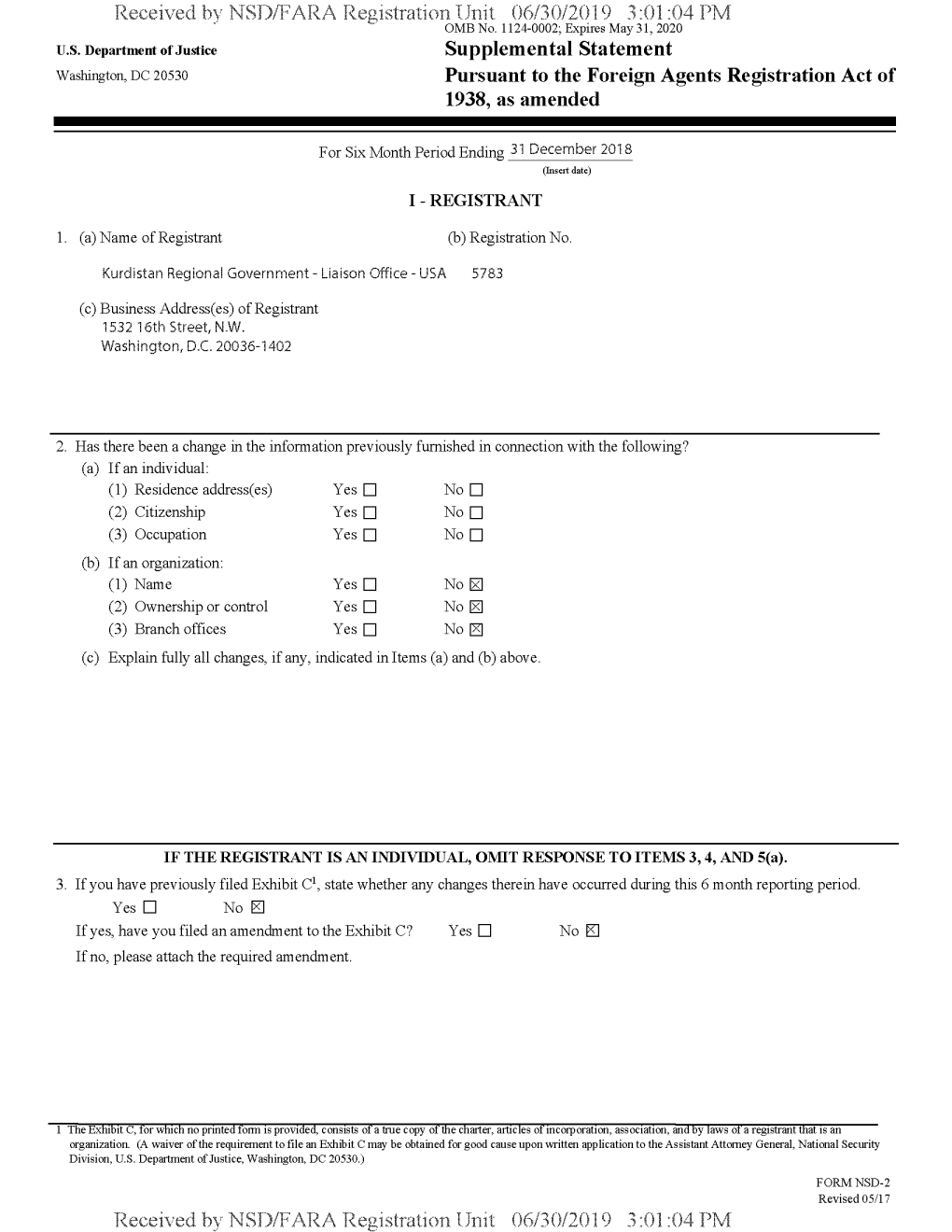 Received Bv NSD/FARA Registration Unit 06/30/2019 3:01:04 PM OMB No