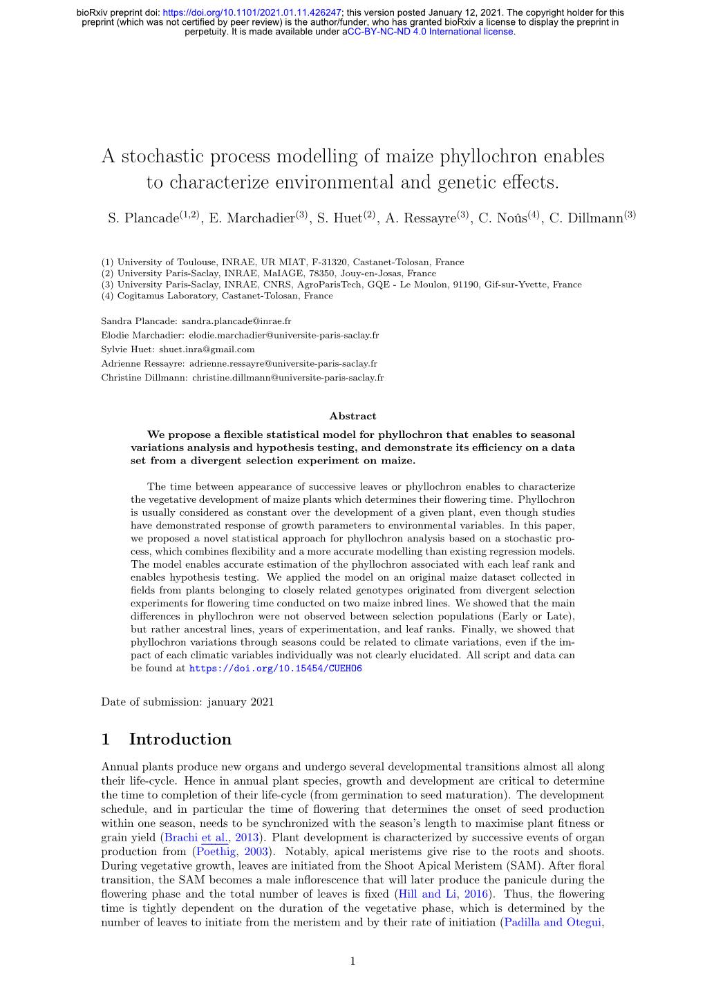 A Stochastic Process Modelling of Maize Phyllochron Enables to Characterize Environmental and Genetic Eﬀects