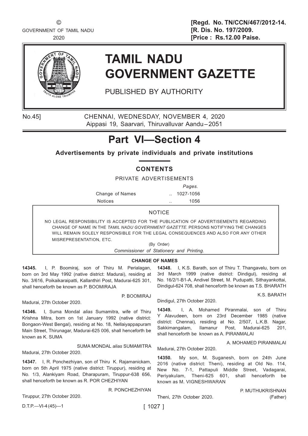 Tamil Nadu Government Gazette