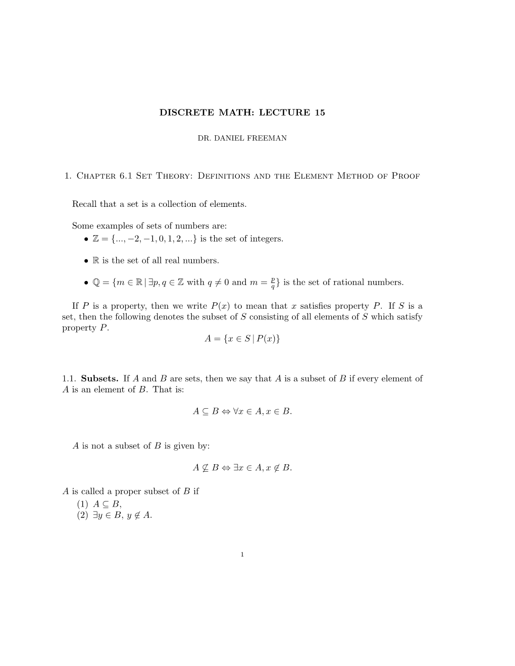 DISCRETE MATH: LECTURE 15 1. Chapter 6.1 Set Theory: Definitions