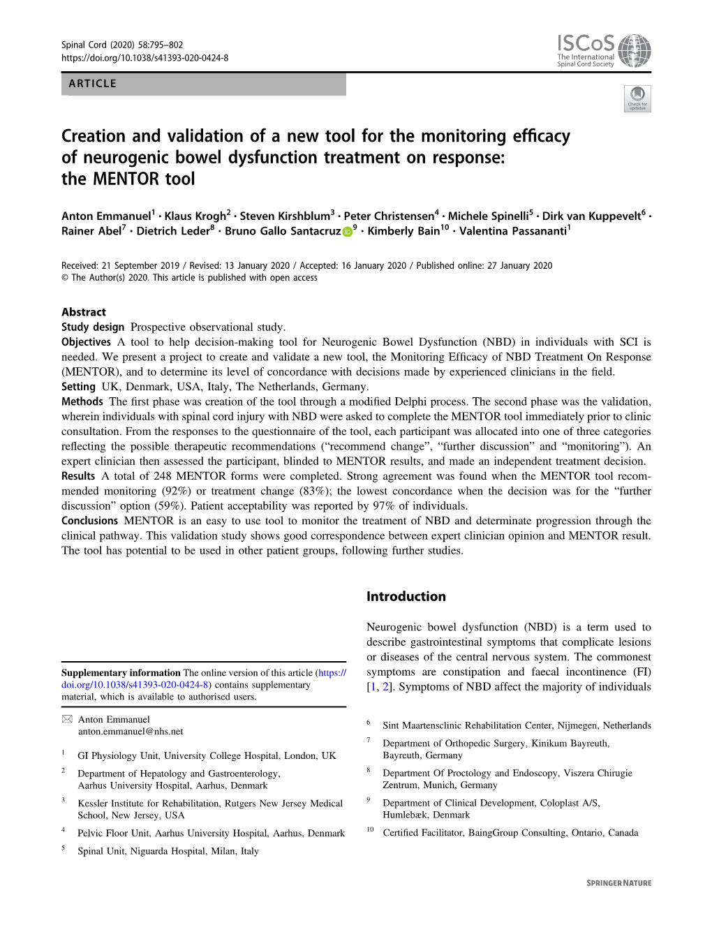 Creation and Validation of a New Tool for the Monitoring Efficacy of Neurogenic Bowel Dysfunction Treatment on Response