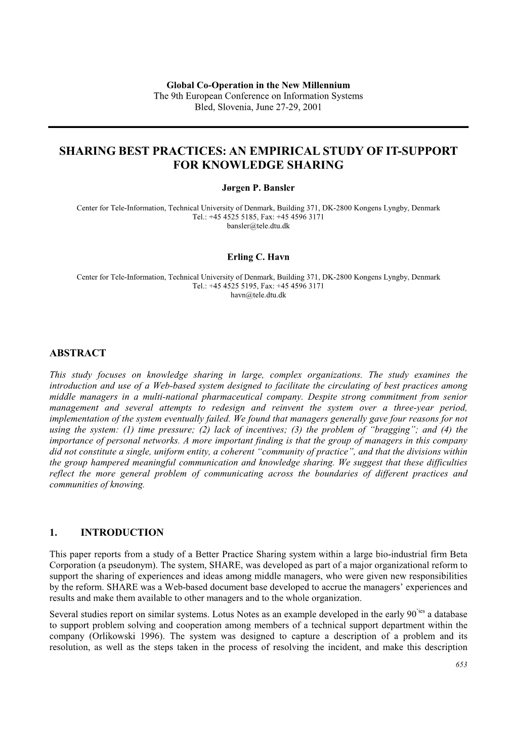 An Empirical Study of It-Support for Knowledge Sharing