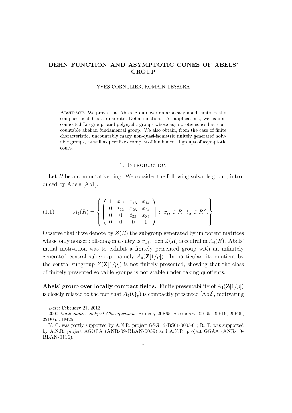 Dehn Function and Asymptotic Cones of Abels' Group 1