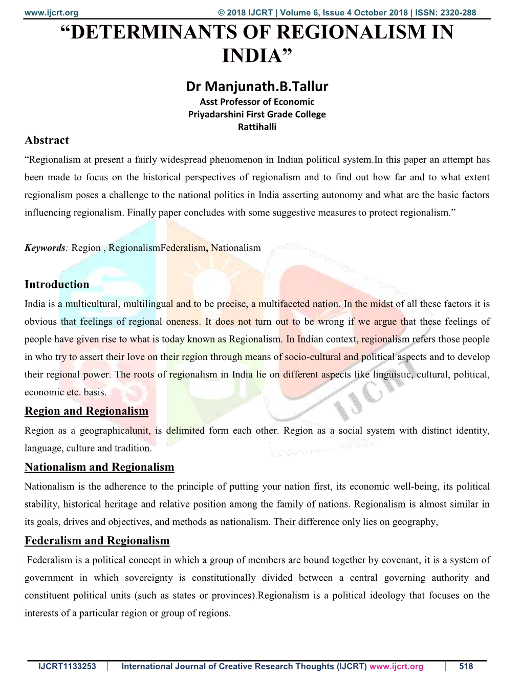 “Determinants of Regionalism in India”