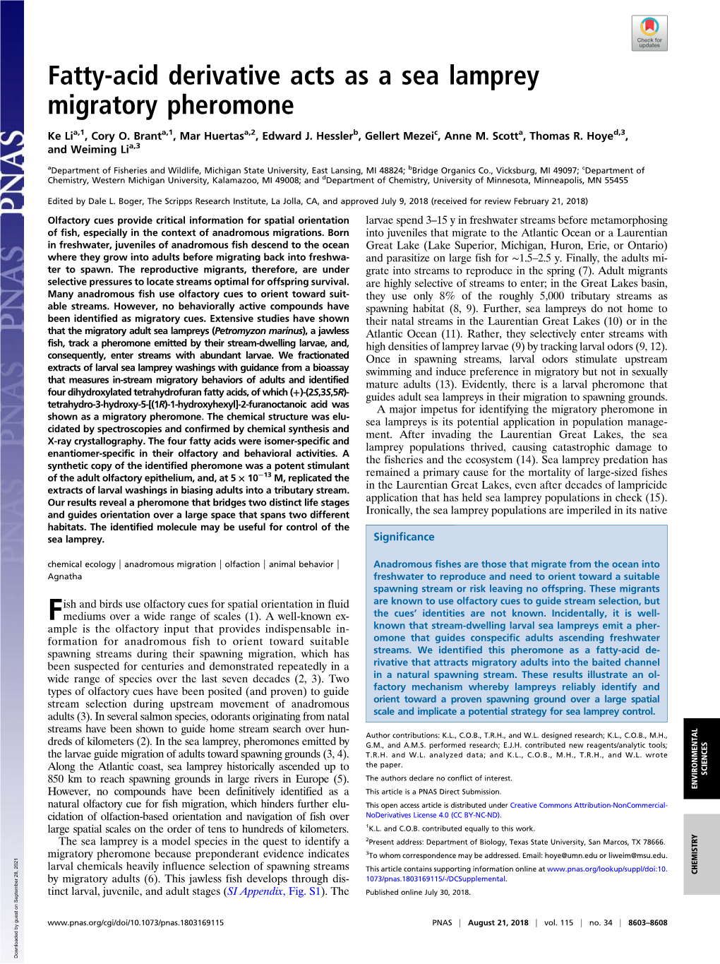 Fatty-Acid Derivative Acts As a Sea Lamprey Migratory Pheromone