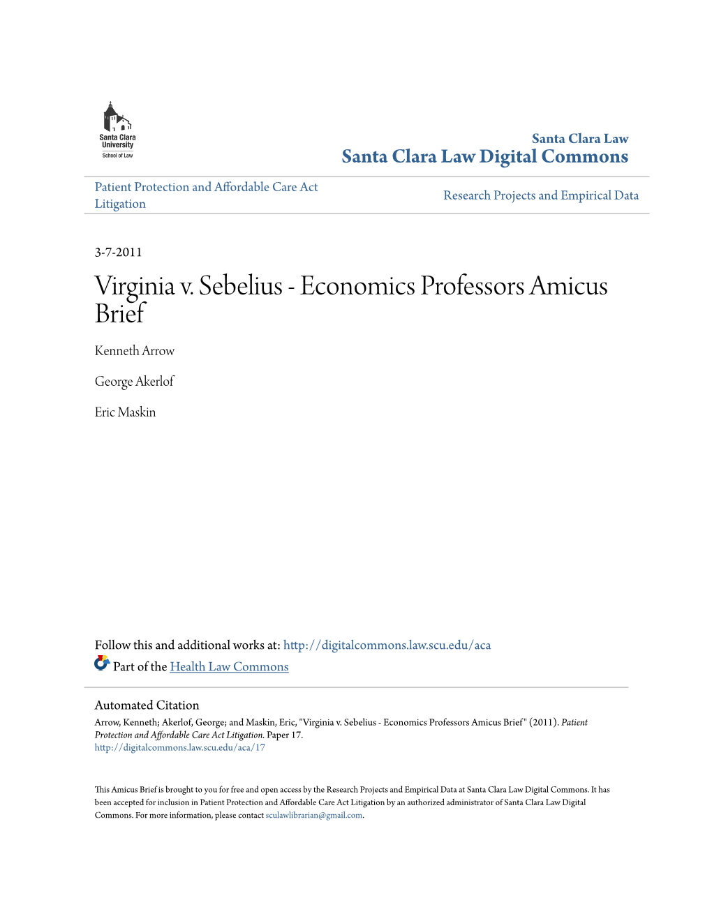 Virginia V. Sebelius - Economics Professors Amicus Brief Kenneth Arrow