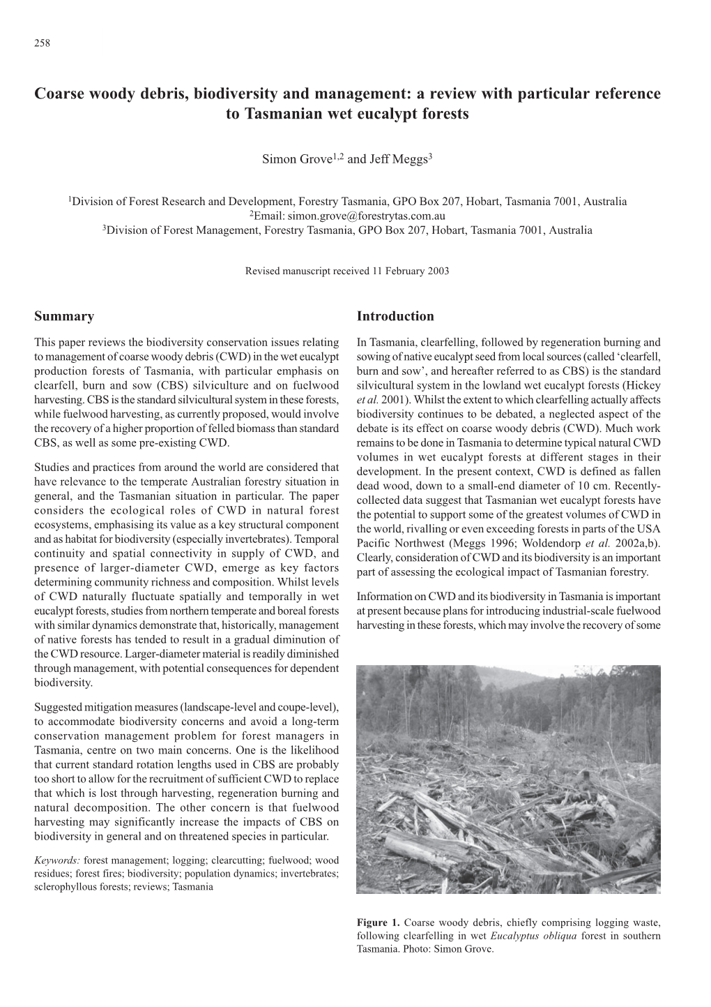 Coarse Woody Debris, Biodiversity and Management: a Review with Particular Reference to Tasmanian Wet Eucalypt Forests