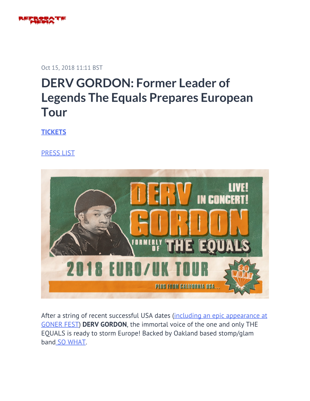 DERV GORDON: Former Leader of Legends the Equals Prepares European Tour
