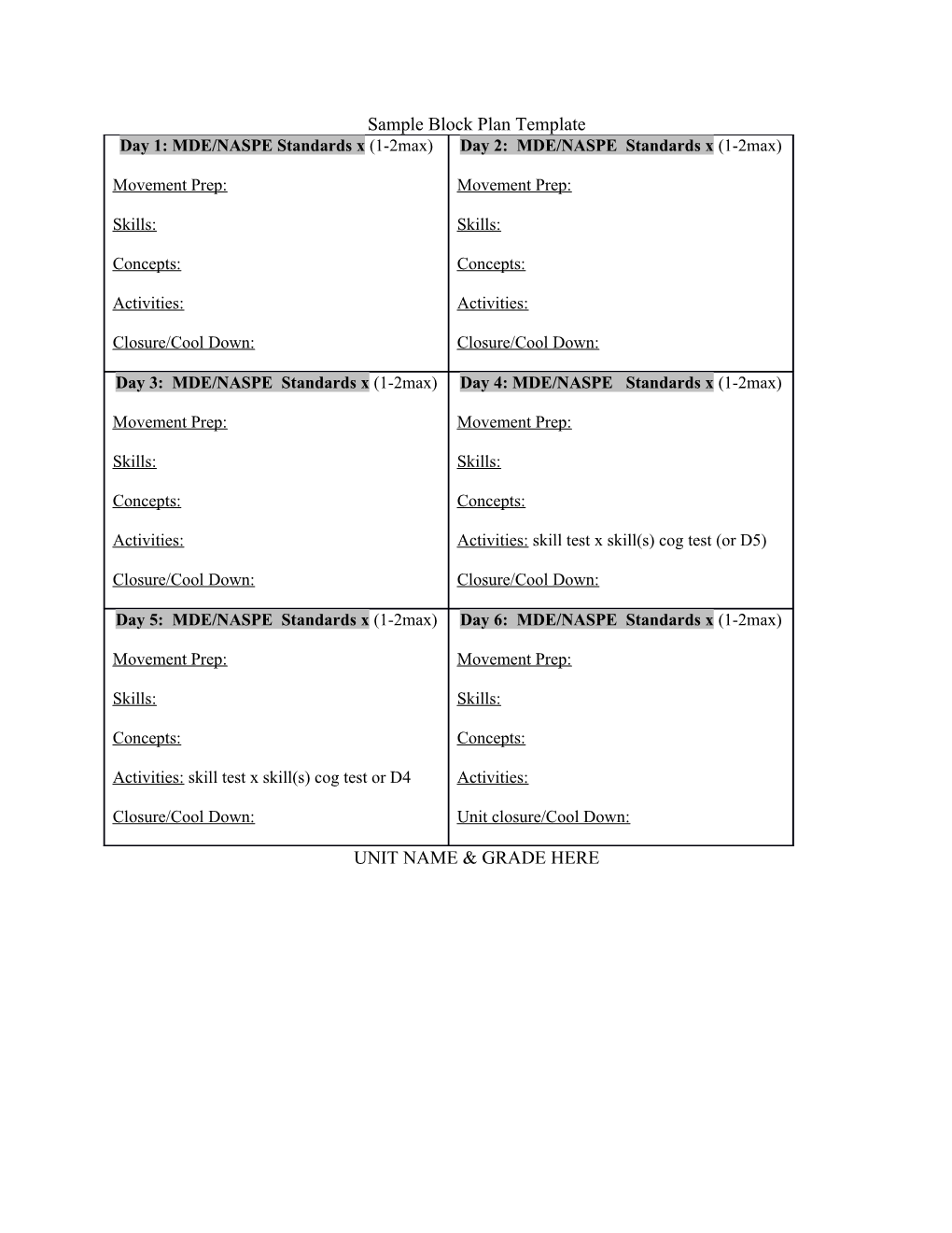 Sample Block Plan Template