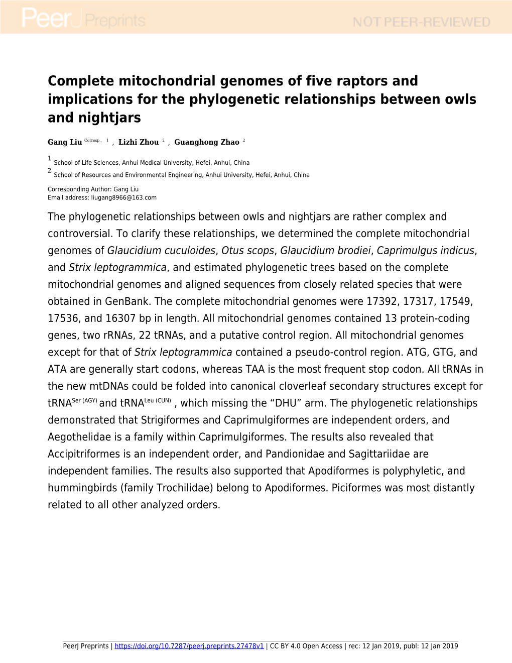 Complete Mitochondrial Genomes of Five Raptors and Implications for the Phylogenetic Relationships Between Owls and Nightjars