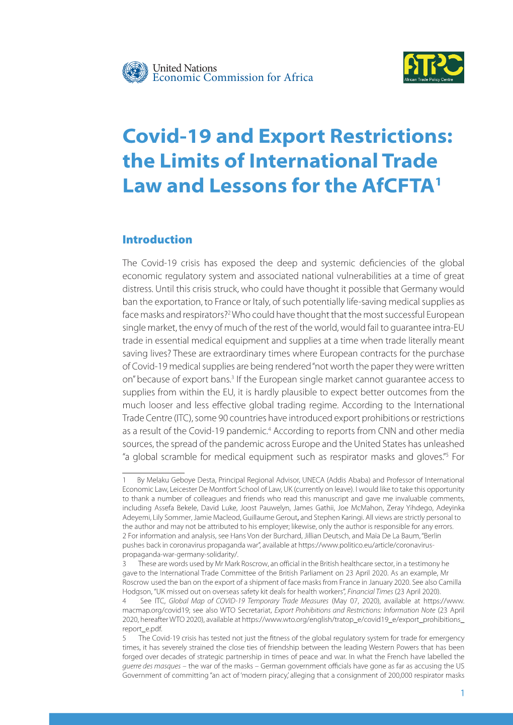 Covid-19 and Export Restrictions: the Limits of International Trade Law and Lessons for the Afcfta1