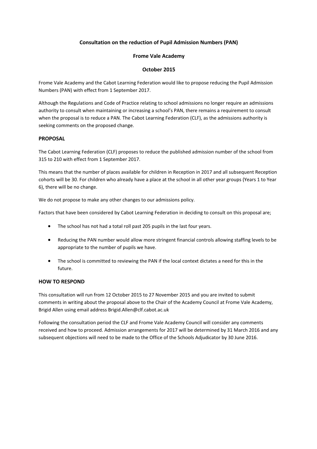 Consultation on the Reduction of Pupil Admission Numbers (PAN)