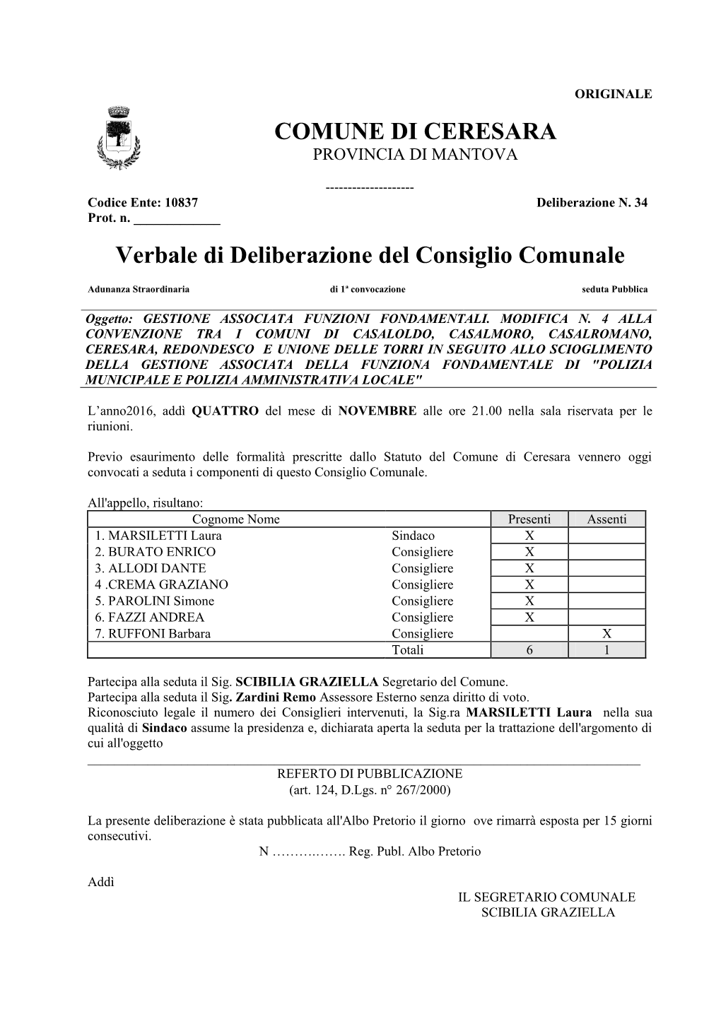 COMUNE DI CERESARA Verbale Di Deliberazione Del Consiglio Comunale