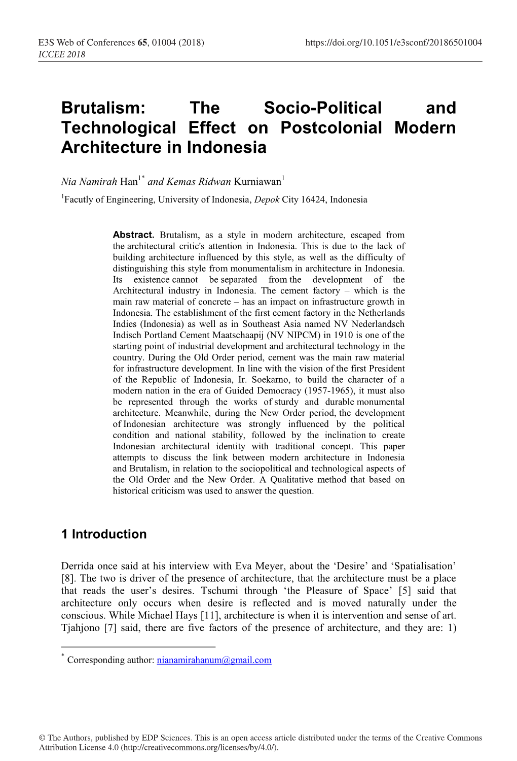 Brutalism: the Socio-Political and Technological Effect on Postcolonial Modern Architecture in Indonesia