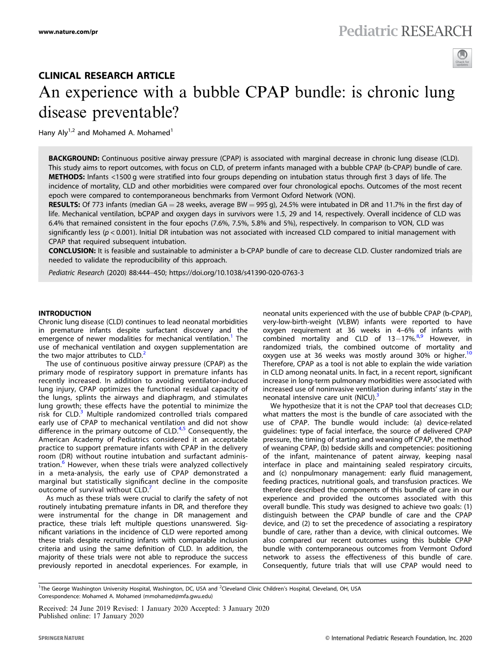 An Experience with a Bubble CPAP Bundle: Is Chronic Lung Disease Preventable?