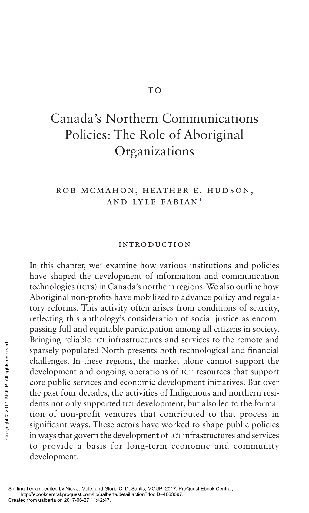 10 Canada's Northern Communications Policies: the Role