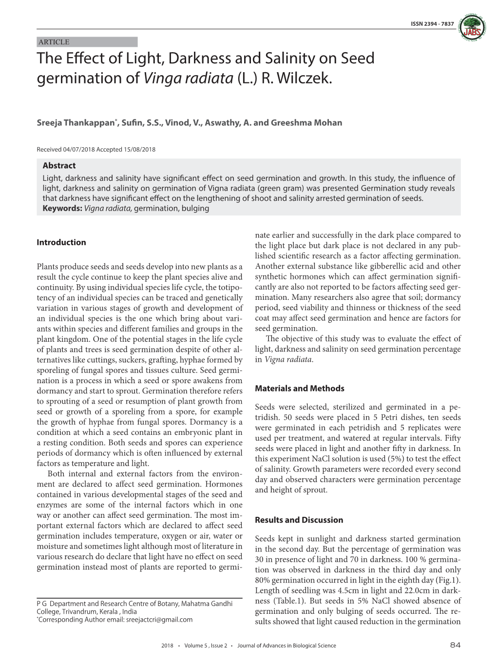 The Effect of Light, Darkness and Salinity on Seed Germination of Vinga Radiata (L.) R