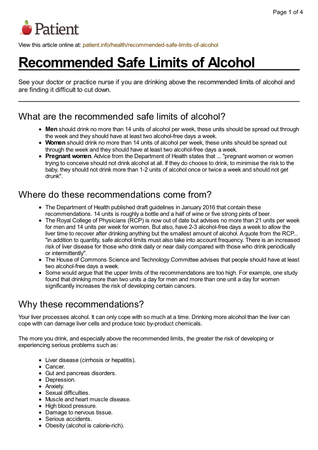 Recommended Safe Limits of Alcohol