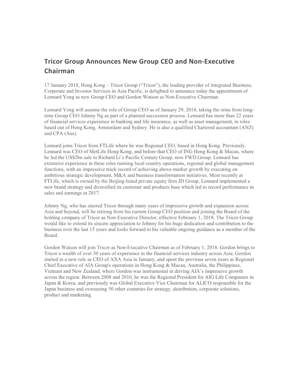 Tricor Group Announces New Group CEO and Non-Executive Chairman