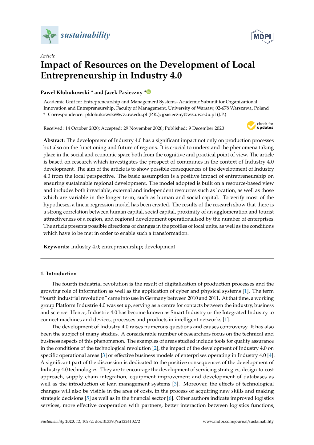 Impact of Resources on the Development of Local Entrepreneurship in Industry 4.0