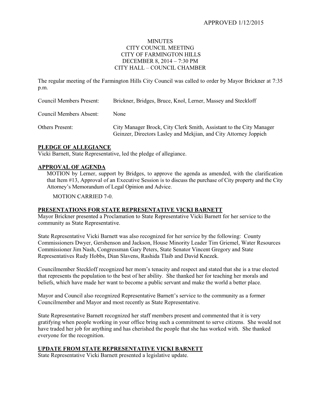 City Council Minutes of November 24, 2014) of the Consent Agenda