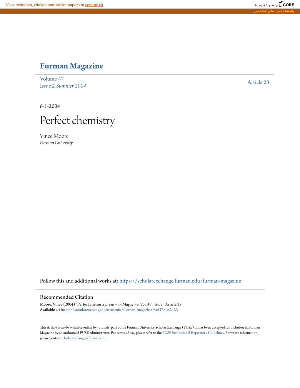 Perfect Chemistry Vince Moore Furman University