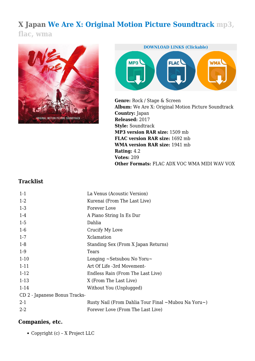 X Japan We Are X: Original Motion Picture Soundtrack Mp3, Flac, Wma