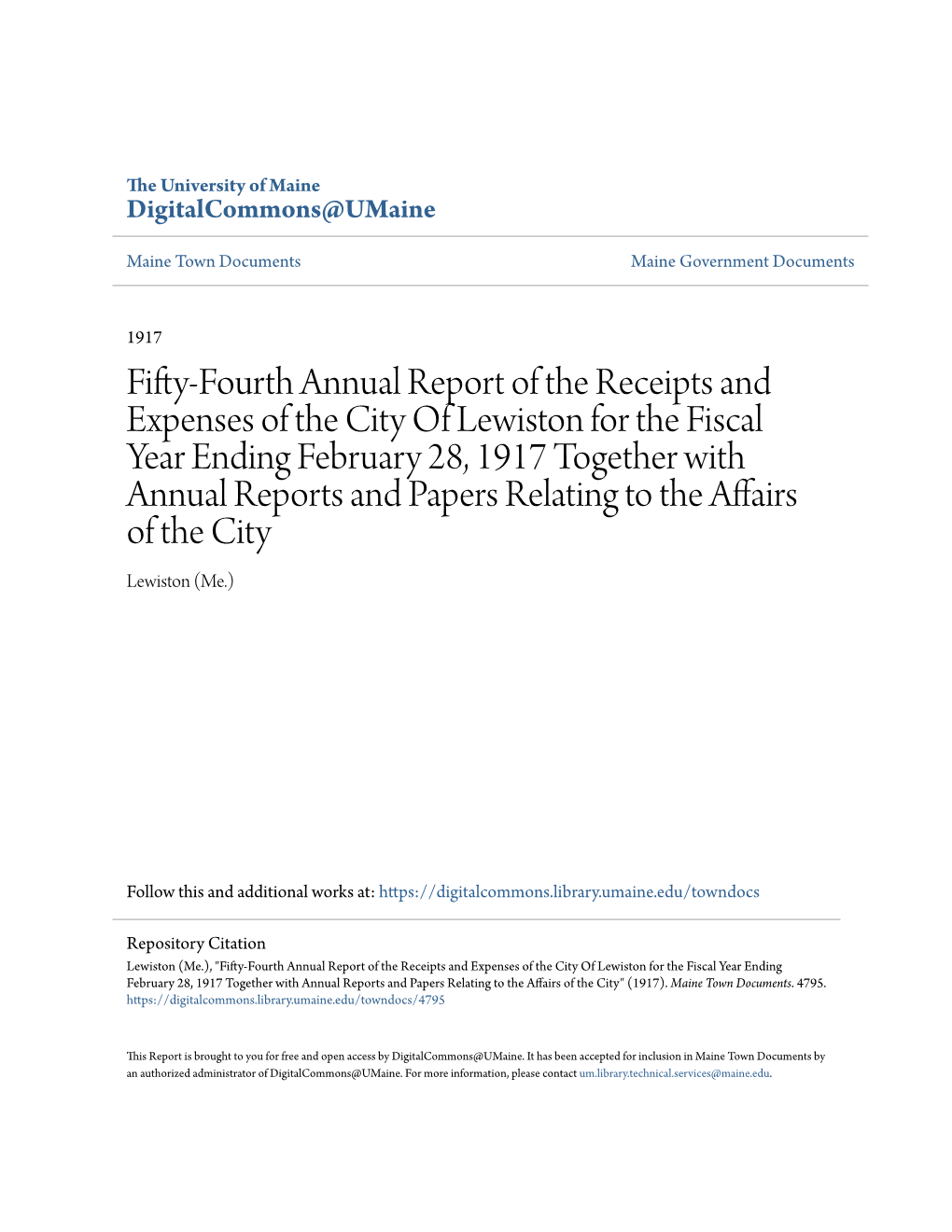 Fifty-Fourth Annual Report of the Receipts and Expenses of the City of Lewiston for the Fiscal Year Ending February 28, 1917