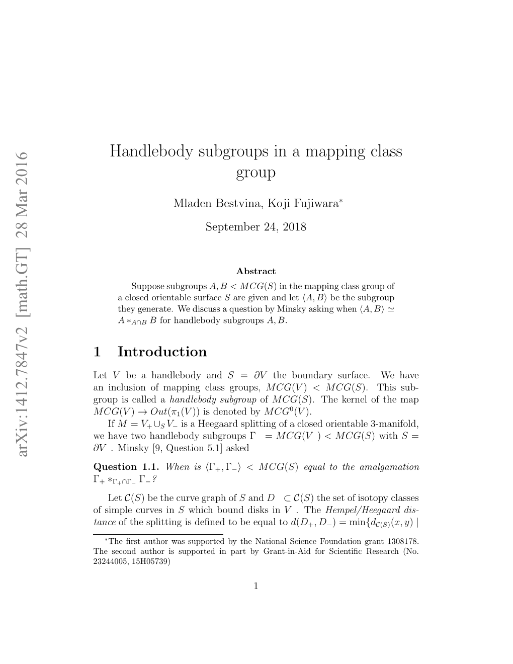 Handlebody Subgroups in a Mapping Class Group