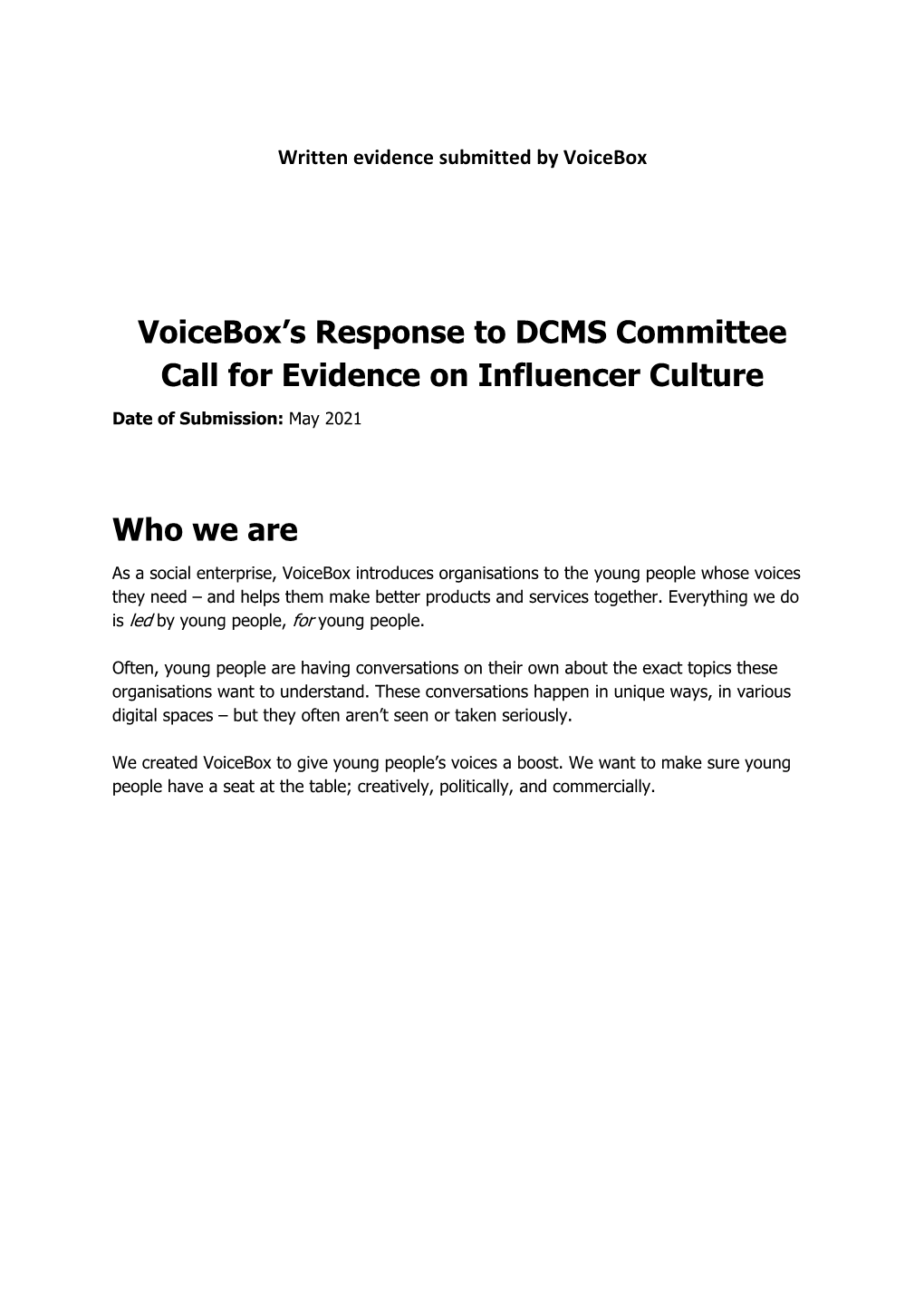Voicebox's Response to DCMS Committee Call for Evidence On