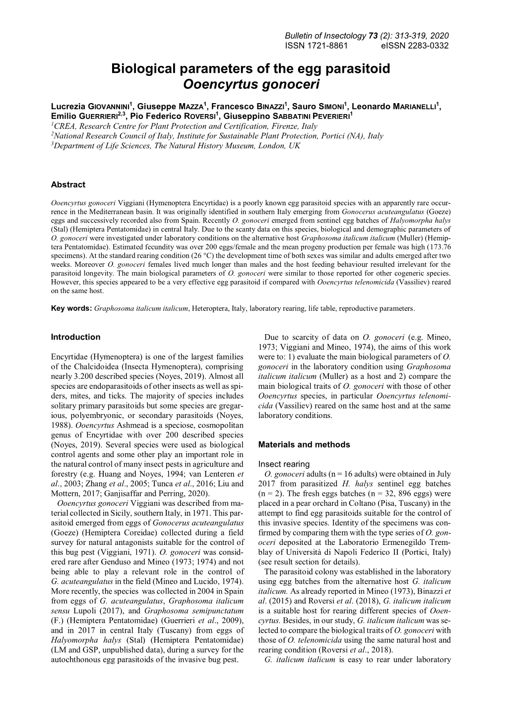 Biological Parameters of the Egg Parasitoid Ooencyrtus Gonoceri